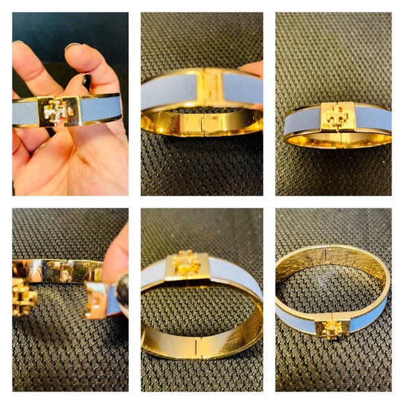 Tory Burch-1” Leather Inlay Hinge Bracelets in Blue/Green Tartan/ or Blue Tartan - Picture 7 of 9